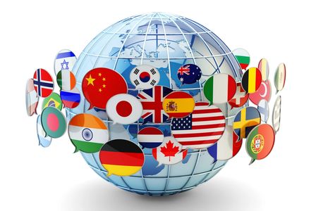 Globe surrounded by international flags representing global connectivity